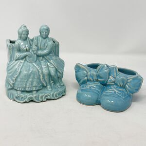 Vtg Aqua Blue Pottery Lot McCoy Baby Shoes Cameron Courting Couple Planter READ